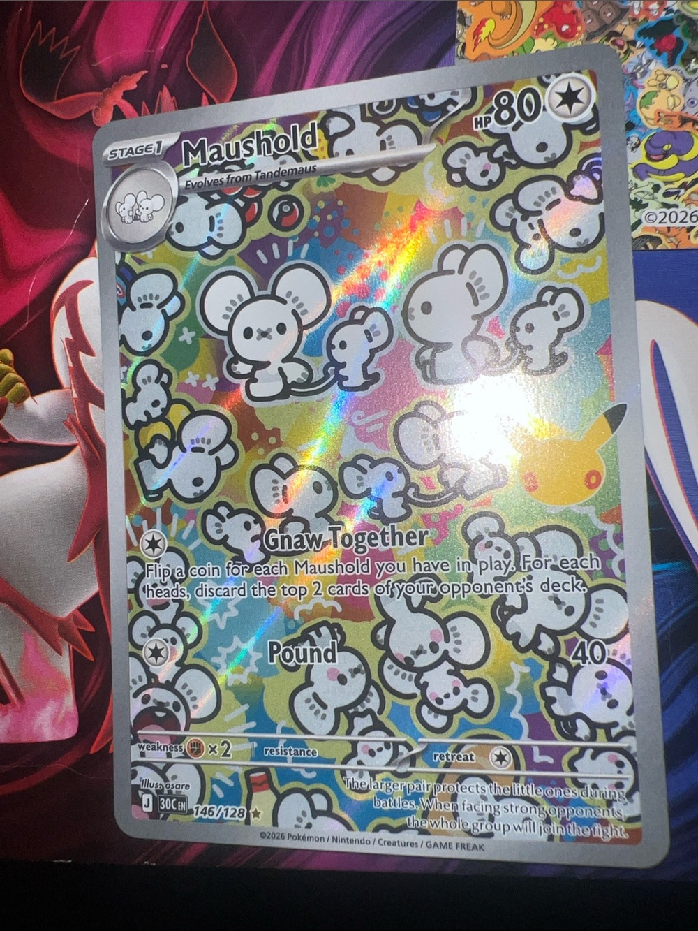Pokemon Maushold Holo Card - White with Rainbow Foil